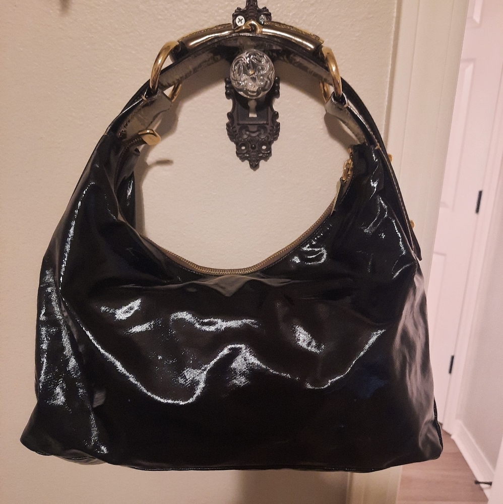 AUTH GUCCI BLACK PATENT LEATHER MEDIUM HORSEBIT HOBO HANDBAG EUC